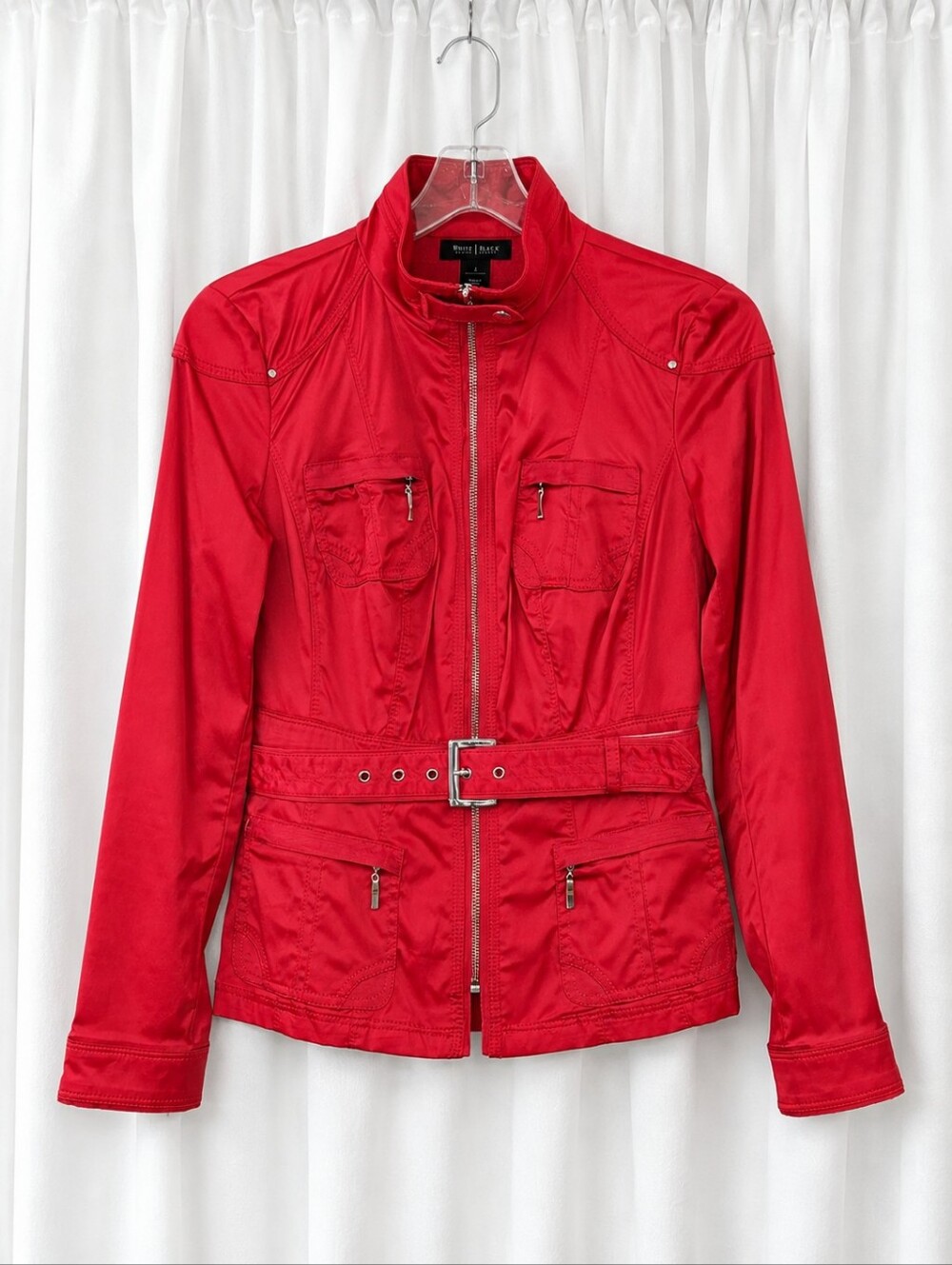White House Black Market Cherry Red Zip Front Belted Chic Utility Field Jacket